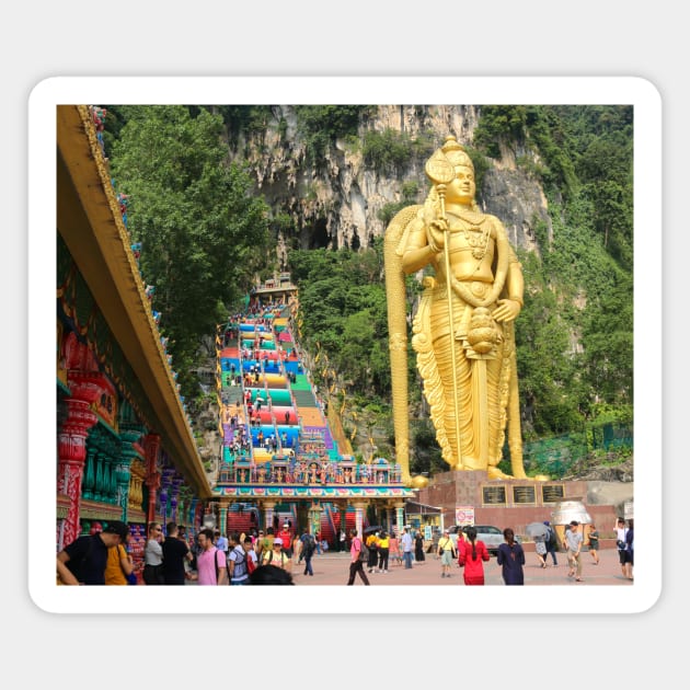 Prayer wheels with Lord Murugan and stairs at Batu Caves Magnet by kall3bu